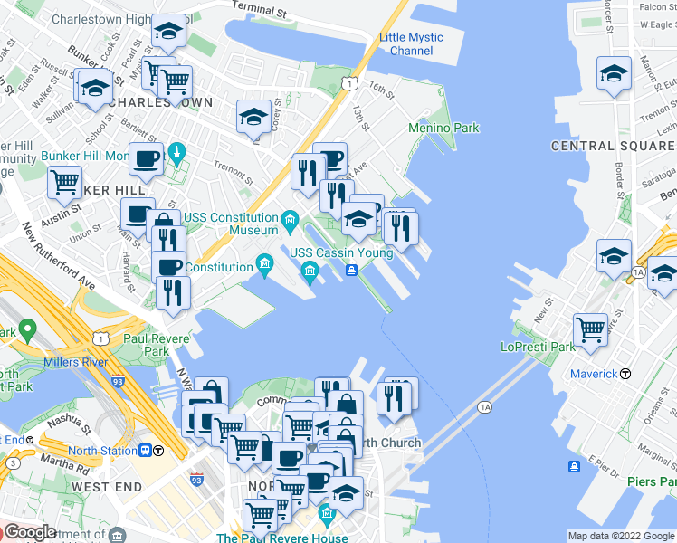 map of restaurants, bars, coffee shops, grocery stores, and more near Charlestown Navy Yard in Boston
