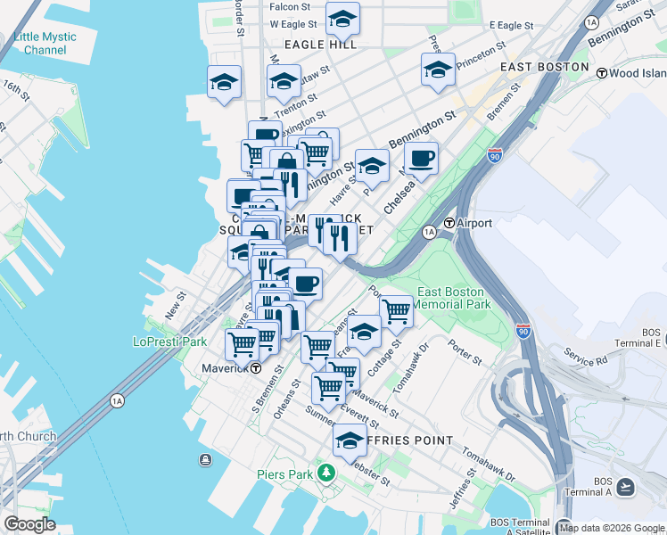 map of restaurants, bars, coffee shops, grocery stores, and more near 142 Bremen Street in Boston