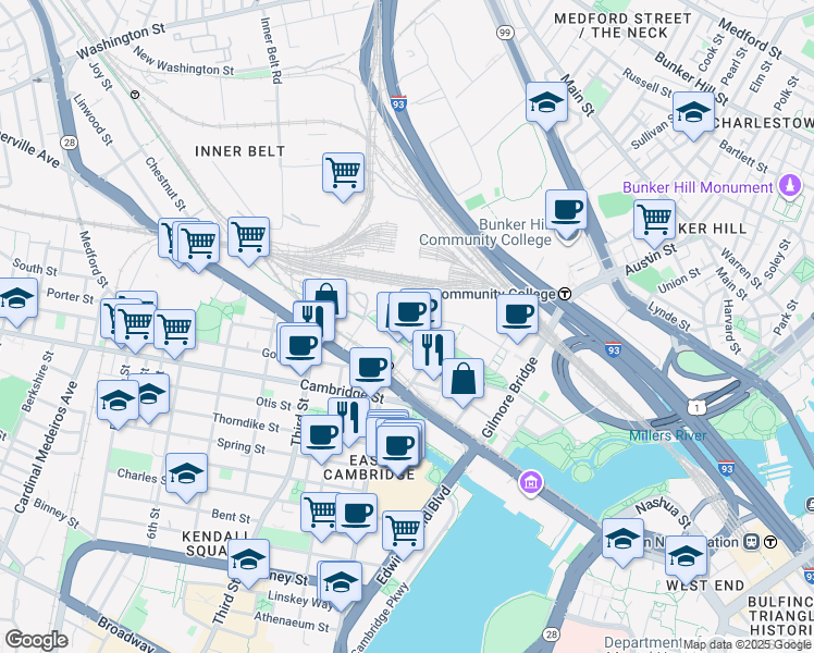 map of restaurants, bars, coffee shops, grocery stores, and more near 151 North First Street in Cambridge