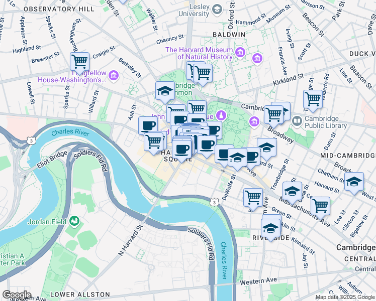 map of restaurants, bars, coffee shops, grocery stores, and more near 46 Dunster Street in Cambridge