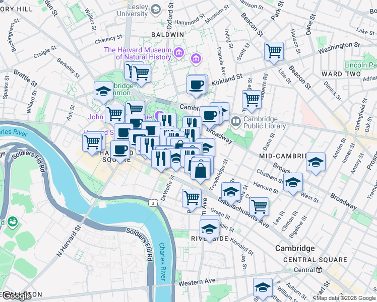 map of restaurants, bars, coffee shops, grocery stores, and more near 12 Quincy Street in Cambridge