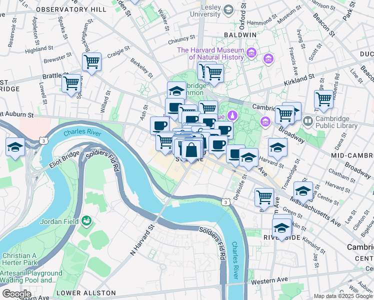 map of restaurants, bars, coffee shops, grocery stores, and more near 104 Mount Auburn Street in Cambridge