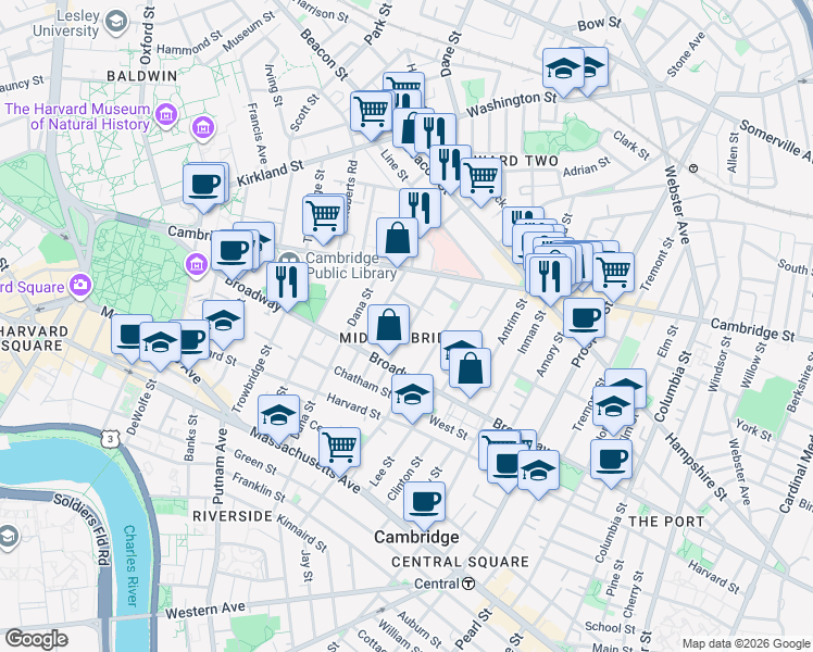 map of restaurants, bars, coffee shops, grocery stores, and more near 13 Greenough Avenue in Cambridge