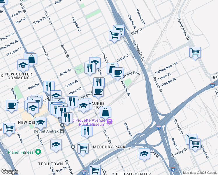 map of restaurants, bars, coffee shops, grocery stores, and more near 2868 East Grand Boulevard in Detroit