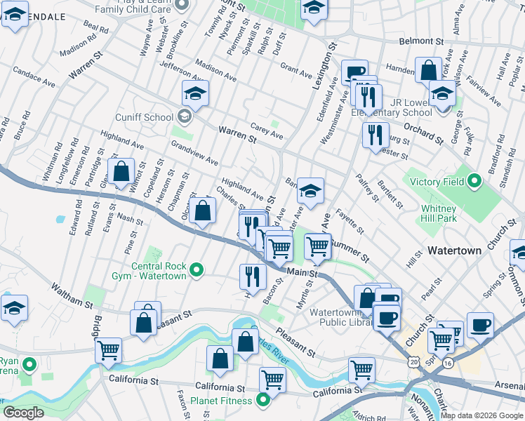 map of restaurants, bars, coffee shops, grocery stores, and more near 94 Lexington Street in Watertown