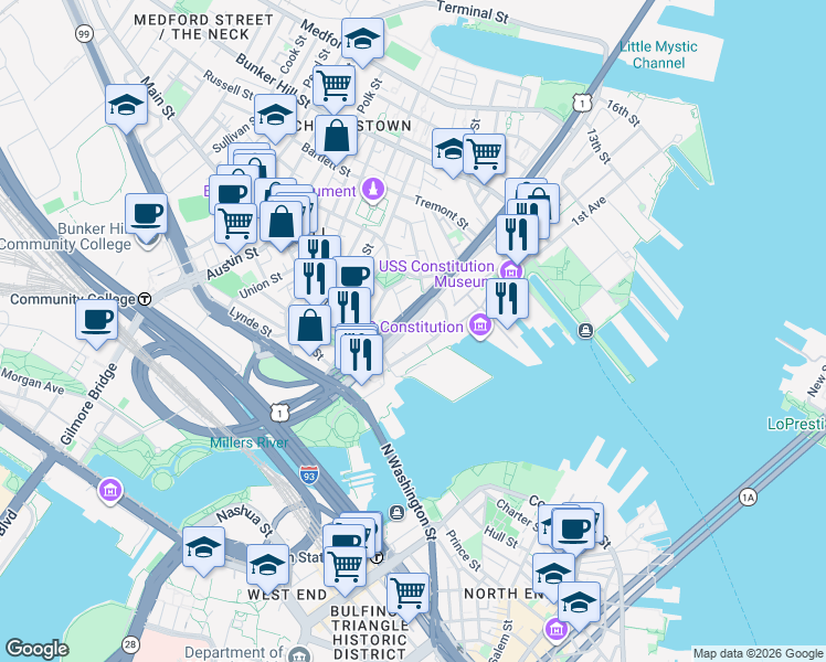 map of restaurants, bars, coffee shops, grocery stores, and more near 5 Putnam Street in Boston