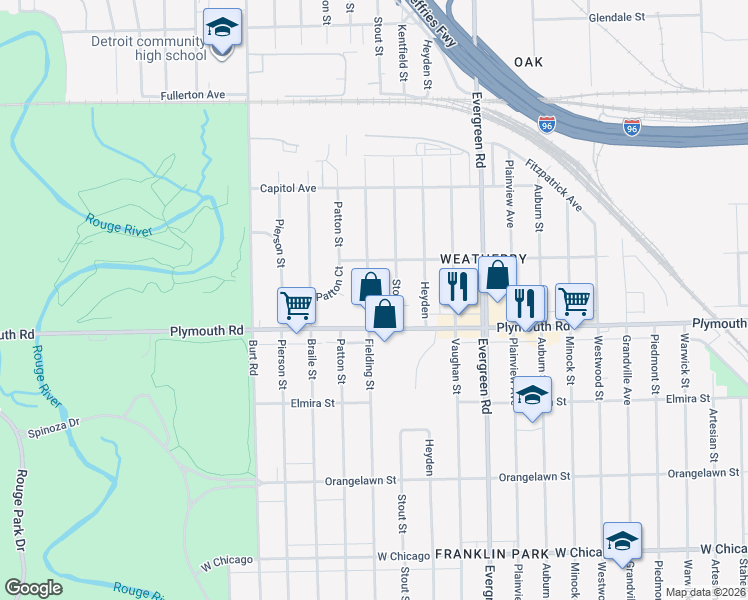 map of restaurants, bars, coffee shops, grocery stores, and more near 11712 Fielding Street in Detroit