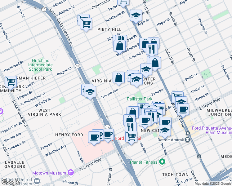 map of restaurants, bars, coffee shops, grocery stores, and more near 50 Seward Avenue in Detroit