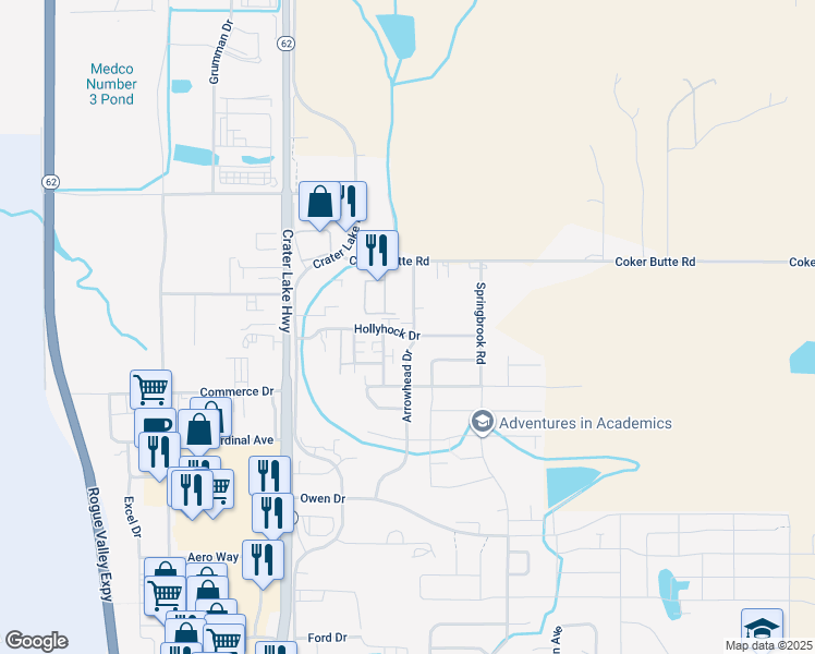 map of restaurants, bars, coffee shops, grocery stores, and more near 1541 Hollyhock Drive in Medford