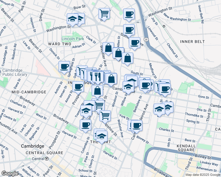map of restaurants, bars, coffee shops, grocery stores, and more near 432 Columbia Street in Cambridge