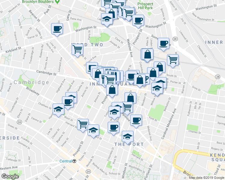 map of restaurants, bars, coffee shops, grocery stores, and more near 310 Prospect Street in Cambridge