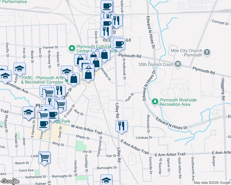 map of restaurants, bars, coffee shops, grocery stores, and more near 104 North Mill Street in Plymouth