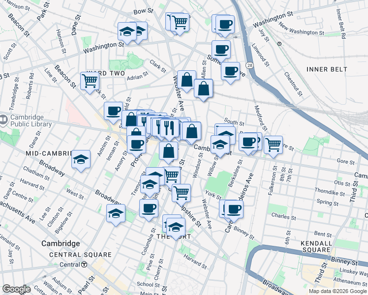 map of restaurants, bars, coffee shops, grocery stores, and more near 299 Elm Street in Cambridge