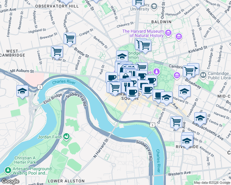 map of restaurants, bars, coffee shops, grocery stores, and more near 6 Bennett Street in Cambridge