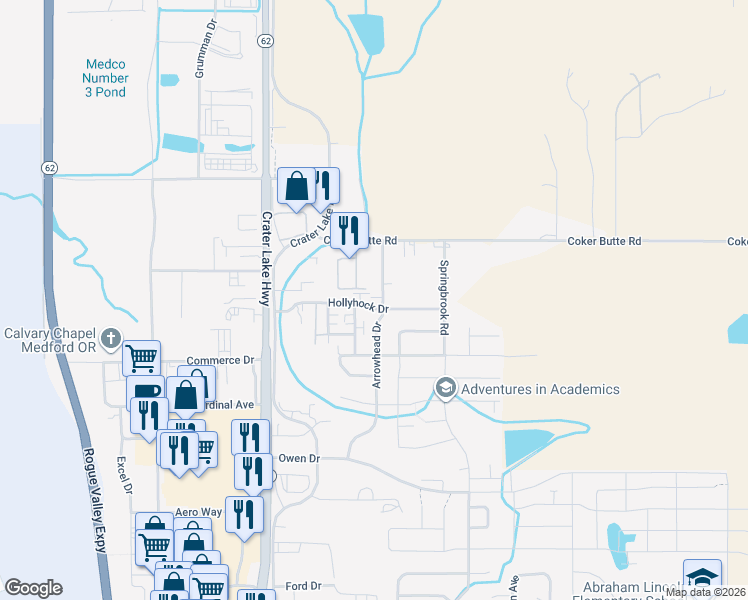 map of restaurants, bars, coffee shops, grocery stores, and more near 3939 Arrowhead Drive in Medford