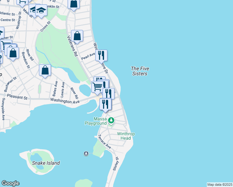 map of restaurants, bars, coffee shops, grocery stores, and more near 70 Winthrop Shore Drive in Winthrop