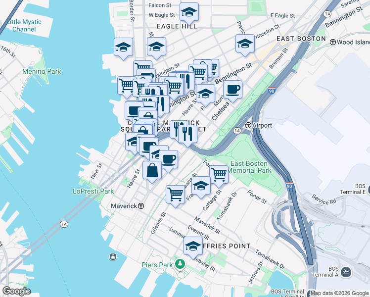 map of restaurants, bars, coffee shops, grocery stores, and more near in Boston