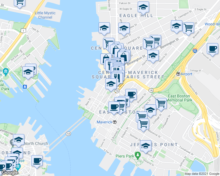 map of restaurants, bars, coffee shops, grocery stores, and more near 152-154 Liverpool Street in Boston