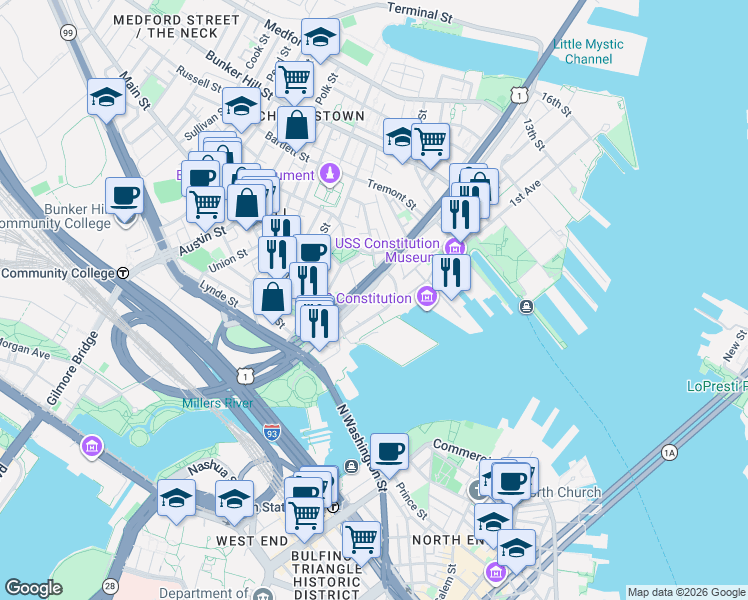 map of restaurants, bars, coffee shops, grocery stores, and more near 5 Putnam Street in Boston