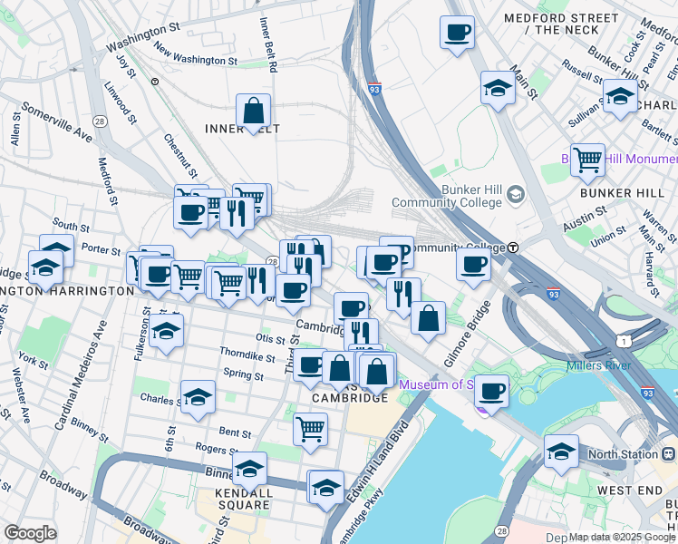 map of restaurants, bars, coffee shops, grocery stores, and more near in Cambridge