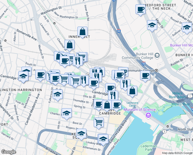 map of restaurants, bars, coffee shops, grocery stores, and more near 22 Water Street in Cambridge