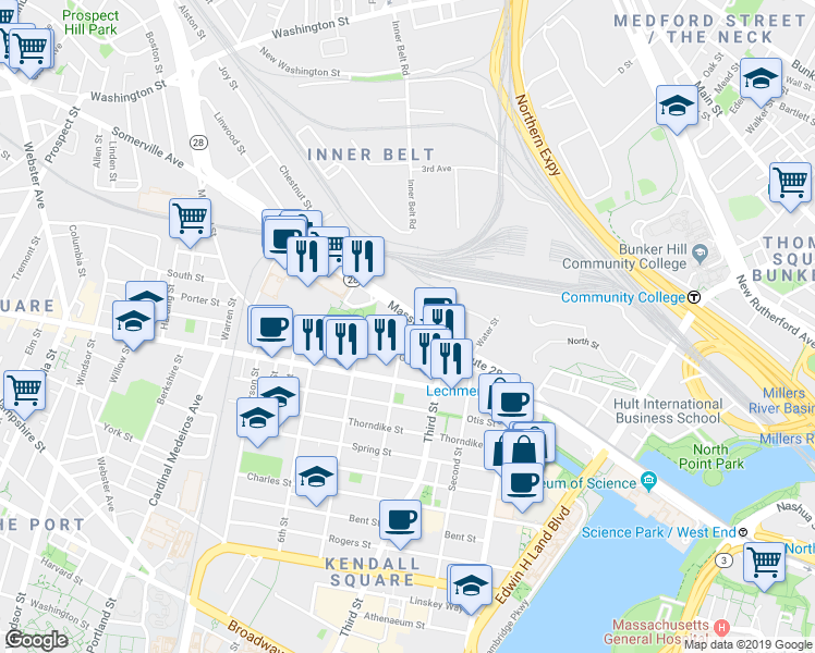 map of restaurants, bars, coffee shops, grocery stores, and more near 225 Monsignor O'Brien Highway in Cambridge
