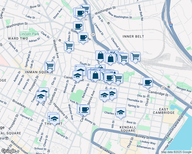 map of restaurants, bars, coffee shops, grocery stores, and more near 5 Porter Street in Cambridge