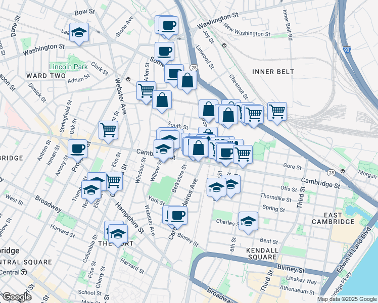 map of restaurants, bars, coffee shops, grocery stores, and more near 52 Porter Street in Cambridge