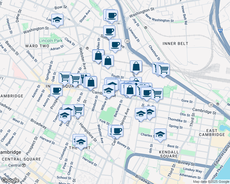 map of restaurants, bars, coffee shops, grocery stores, and more near 21 Hunting Street in Cambridge