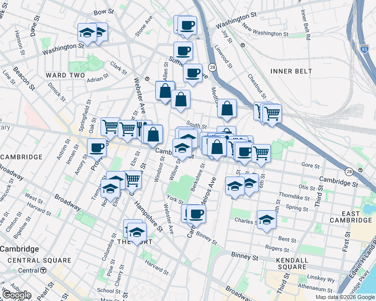 map of restaurants, bars, coffee shops, grocery stores, and more near 21 Hunting Street in Cambridge
