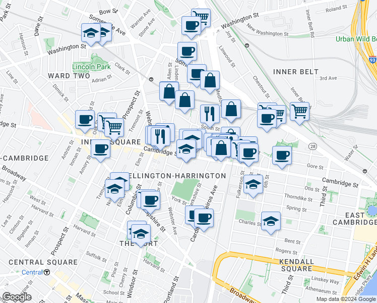 map of restaurants, bars, coffee shops, grocery stores, and more near 21 Hunting Street in Cambridge