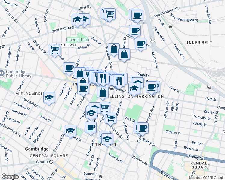 map of restaurants, bars, coffee shops, grocery stores, and more near 299 Elm Street in Cambridge