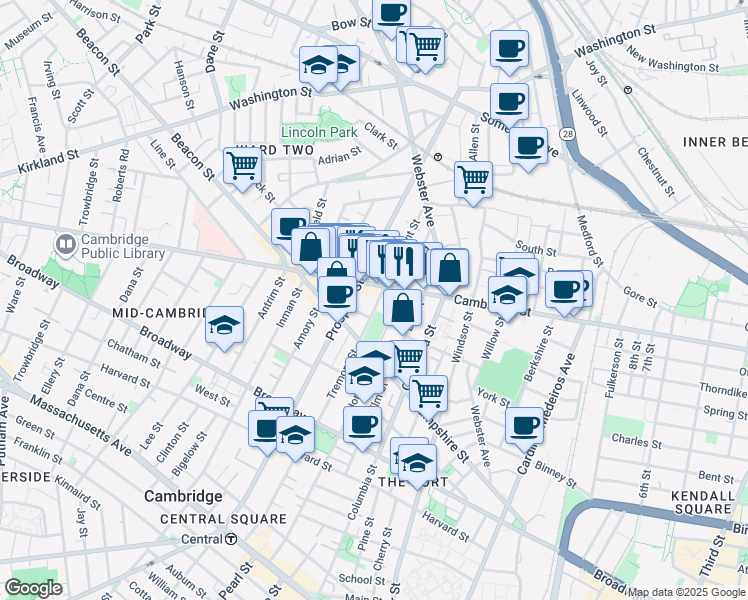 map of restaurants, bars, coffee shops, grocery stores, and more near 109 Tremont Street in Cambridge