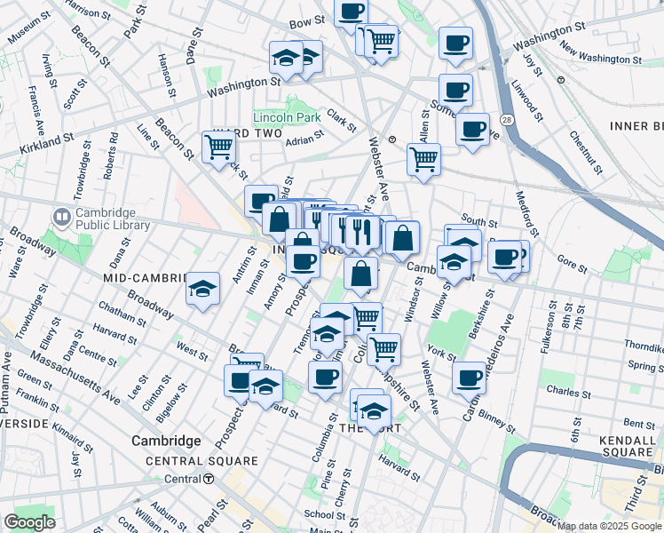 map of restaurants, bars, coffee shops, grocery stores, and more near 109 Tremont Street in Cambridge