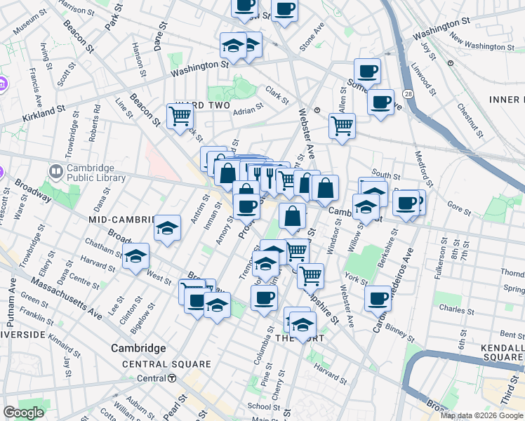 map of restaurants, bars, coffee shops, grocery stores, and more near in Cambridge