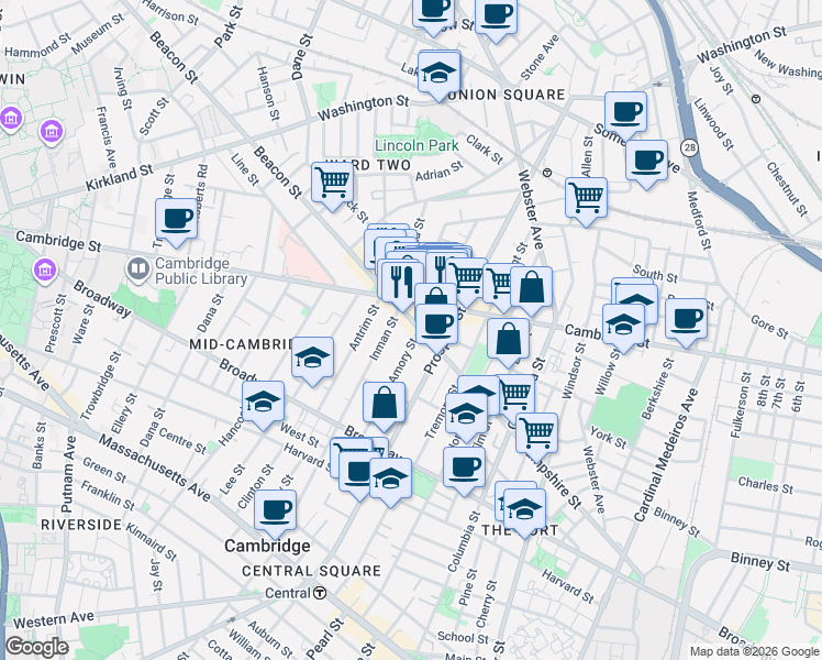 map of restaurants, bars, coffee shops, grocery stores, and more near 1334 Cambridge Street in Cambridge