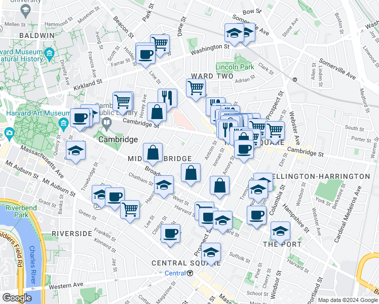 map of restaurants, bars, coffee shops, grocery stores, and more near in Cambridge