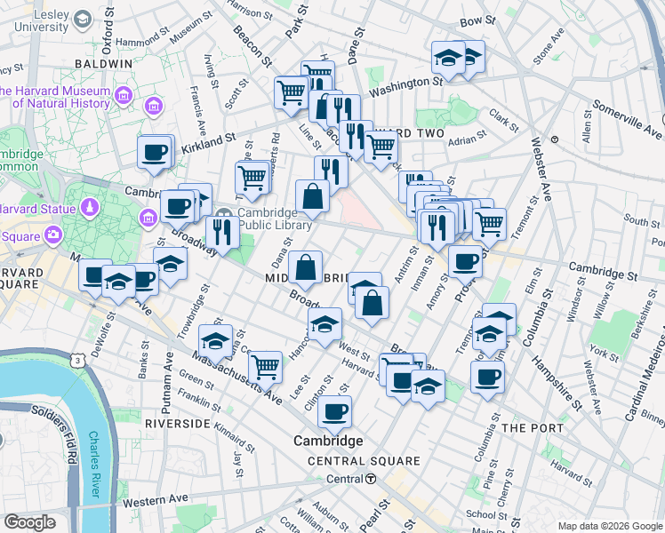 map of restaurants, bars, coffee shops, grocery stores, and more near 13 Greenough Avenue in Cambridge