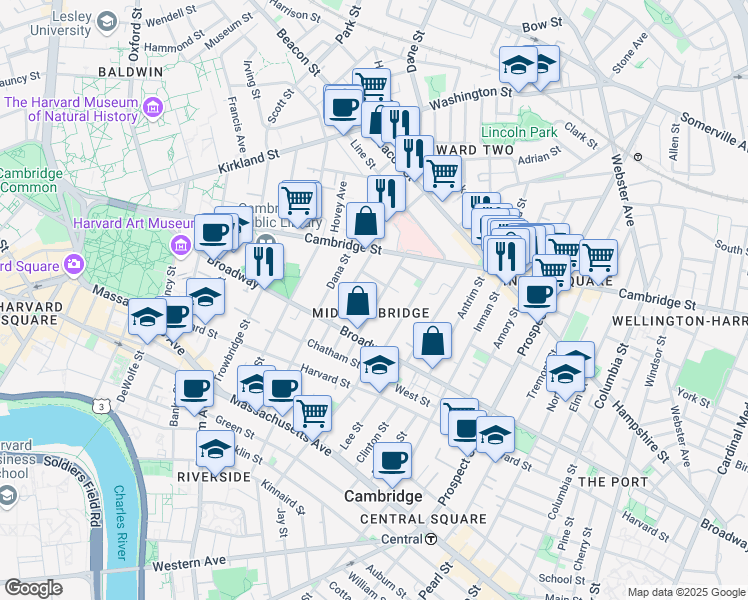 map of restaurants, bars, coffee shops, grocery stores, and more near 13 Greenough Avenue in Cambridge