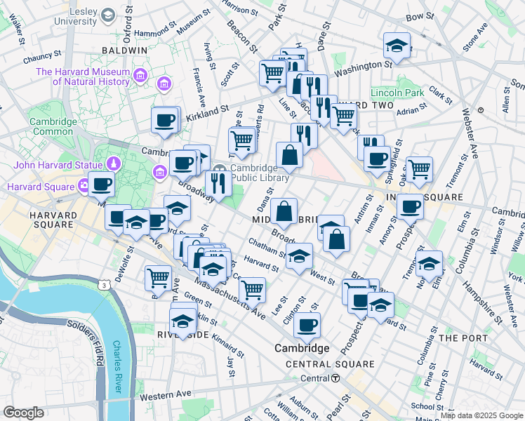 map of restaurants, bars, coffee shops, grocery stores, and more near 66 Dana Street in Cambridge