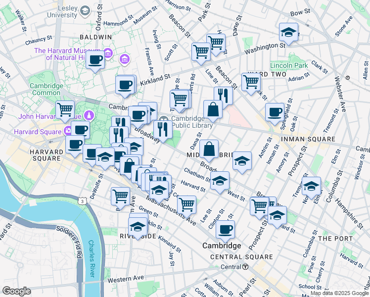 map of restaurants, bars, coffee shops, grocery stores, and more near in Cambridge