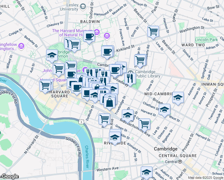 map of restaurants, bars, coffee shops, grocery stores, and more near 20 Prescott Street in Cambridge