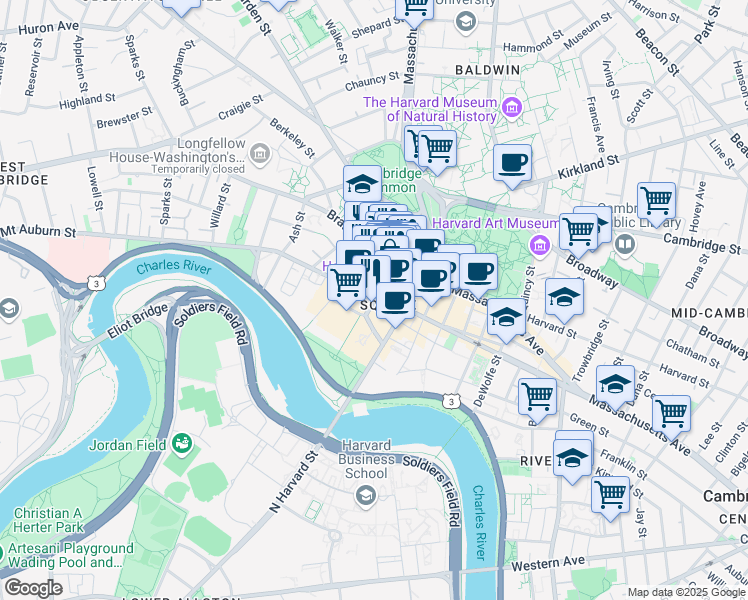 map of restaurants, bars, coffee shops, grocery stores, and more near 15 Brattle Street in Cambridge