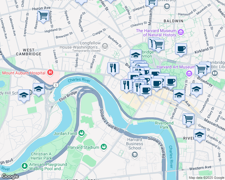 map of restaurants, bars, coffee shops, grocery stores, and more near 10 Brewer Street in Cambridge