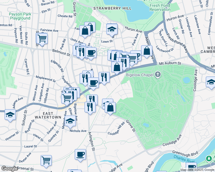 map of restaurants, bars, coffee shops, grocery stores, and more near 761 Mount Auburn Street in Watertown
