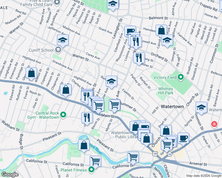 map of restaurants, bars, coffee shops, grocery stores, and more near 26 Bancroft Street in Watertown