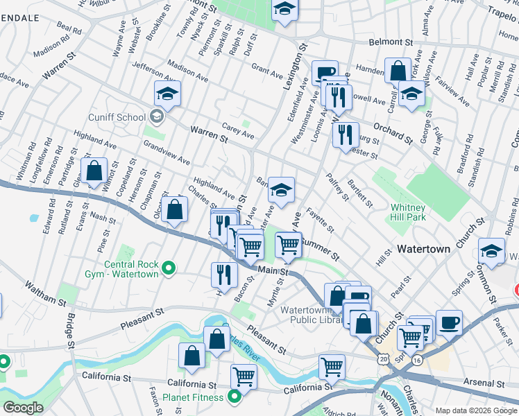 map of restaurants, bars, coffee shops, grocery stores, and more near 90 Edenfield Avenue in Watertown