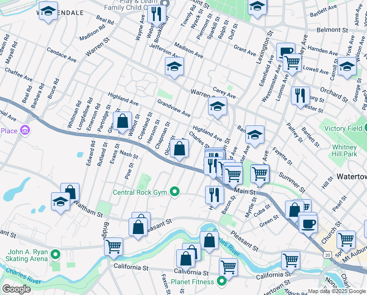 map of restaurants, bars, coffee shops, grocery stores, and more near 53 Gilbert Street in Watertown