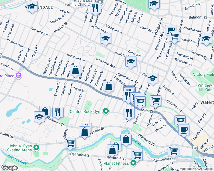 map of restaurants, bars, coffee shops, grocery stores, and more near 44 Olcott Street in Watertown