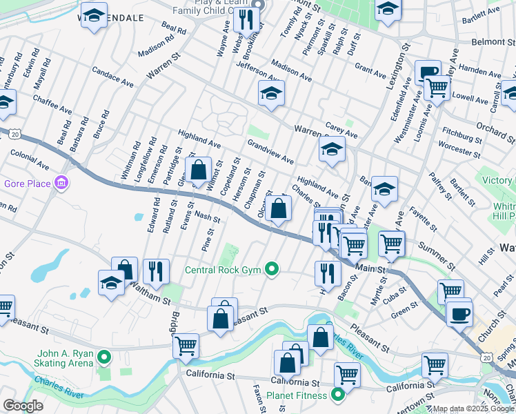 map of restaurants, bars, coffee shops, grocery stores, and more near 44 Olcott Street in Watertown